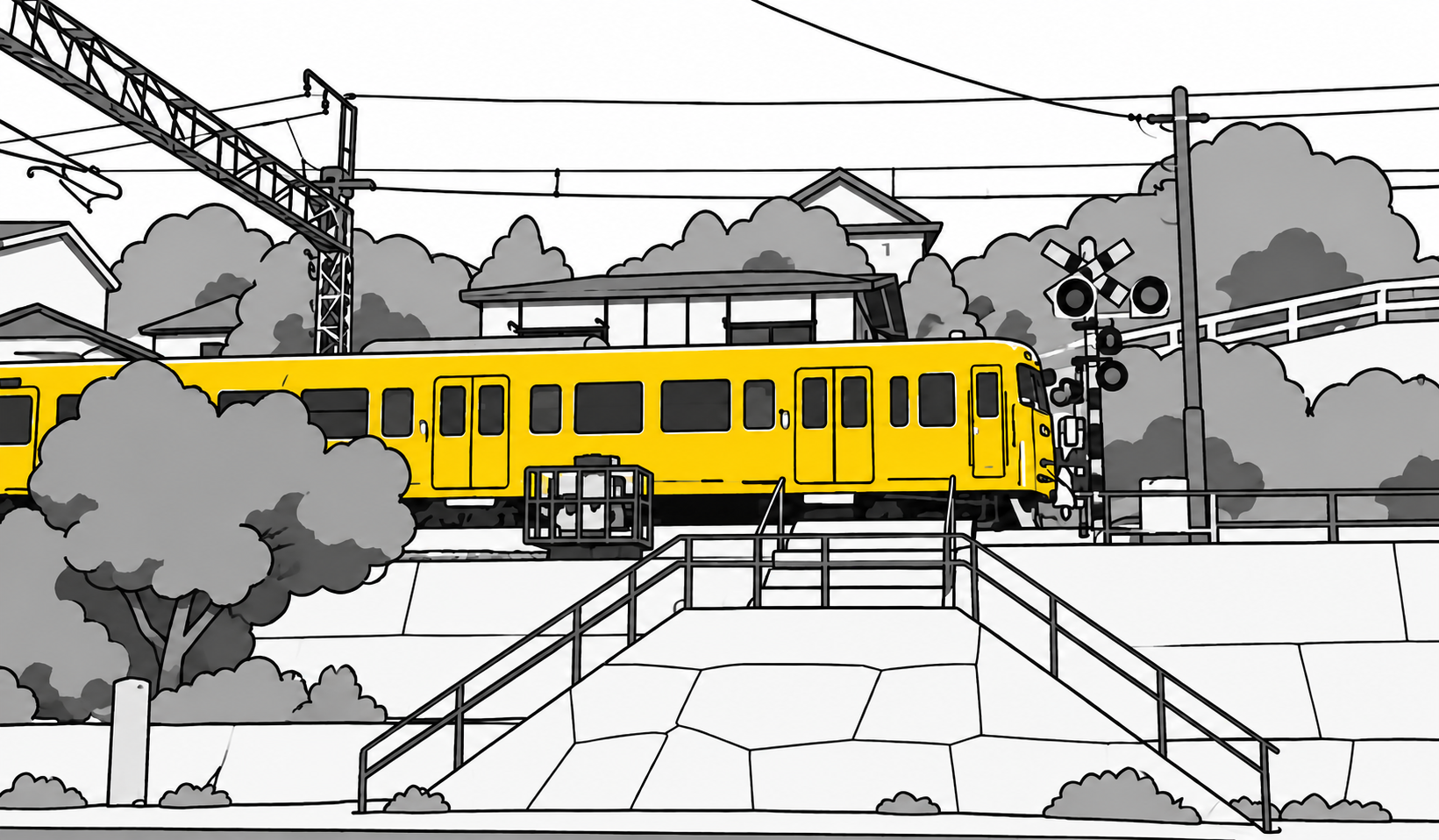 モノクロの尾道の風景に、黄色い電車
